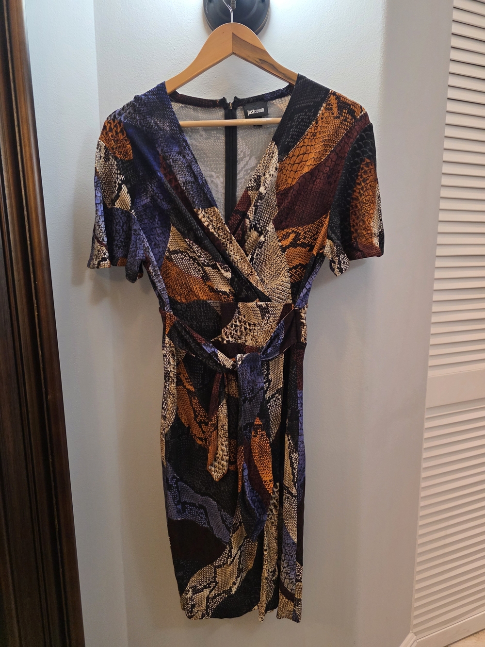 Just Cavalli Multicolor Snake-Print Wrap Dress in Blue, Black & Rust Y2K Size 44